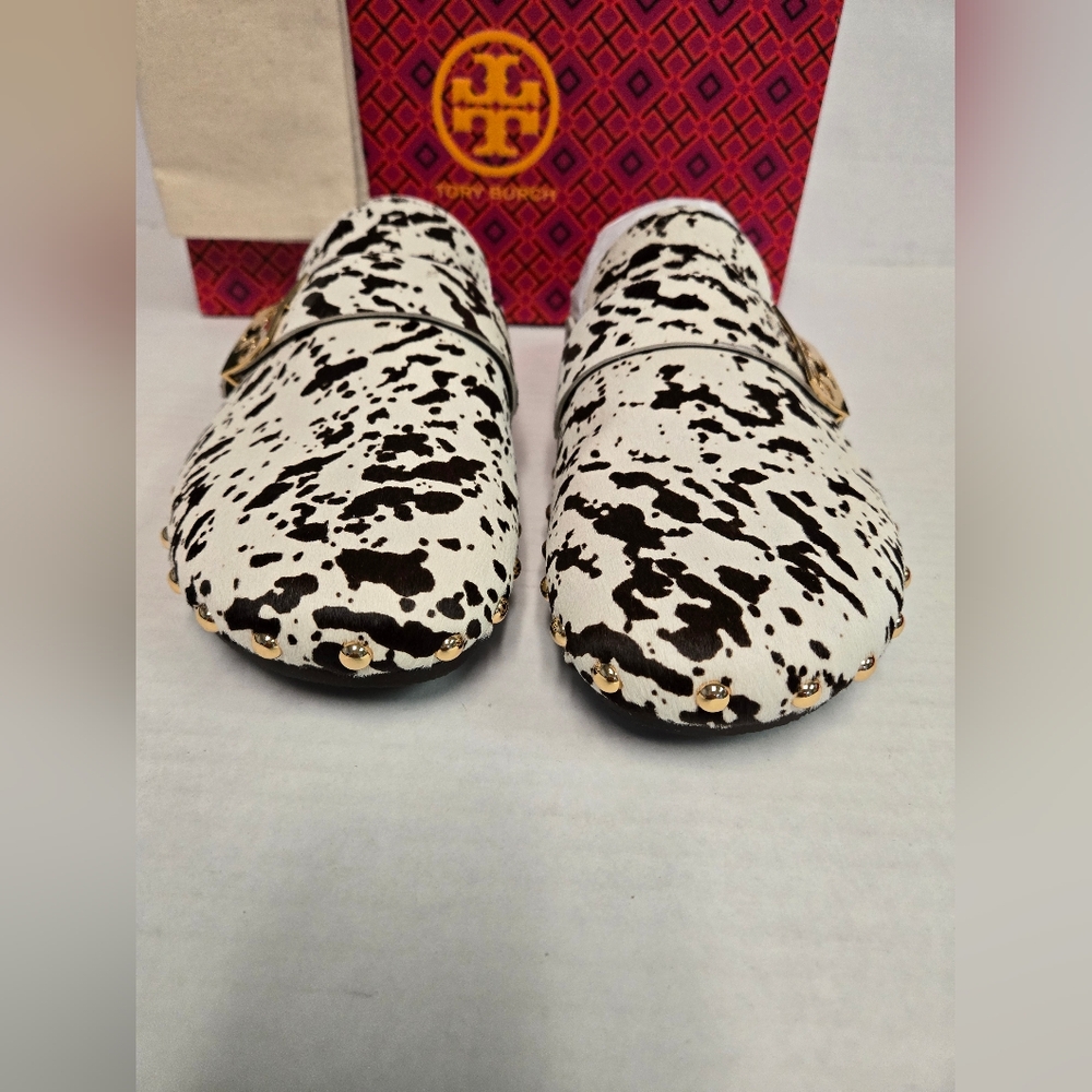 TORY BURCH MELLOW STUDDED MULE cow Print With Gold Studs Woman's 10 Slides NIB - Picture 6 of 11